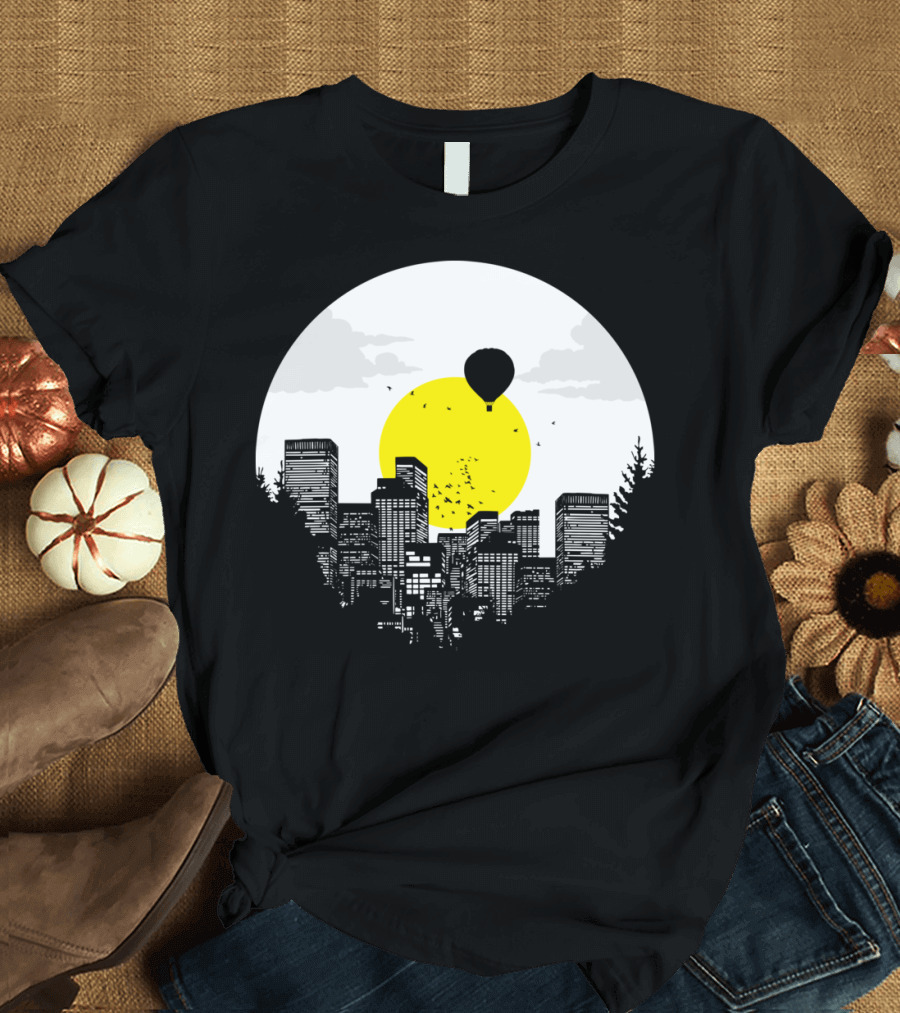 Sunny Side of Life Urban Skyline with Hot Air Balloon and Bright Sun Background T-Shirt