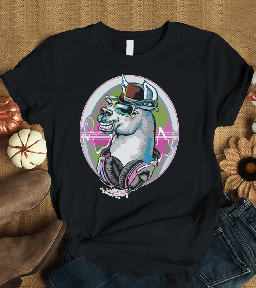 Llama Wearing Bowler Hat and Headphones with Sunglasses and Sound Waves T-Shirt