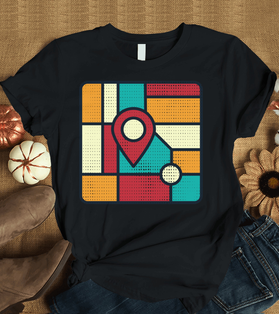 I Was Here Location Pin Color Block Map Art Deco T-Shirt
