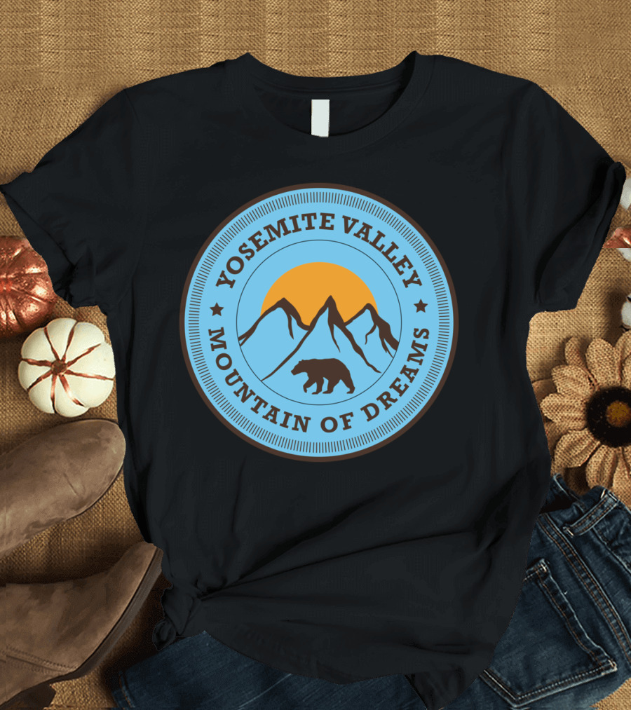 Yosemite Valley Mountain Of Dreams Bear Sunset Badge T-Shirt
