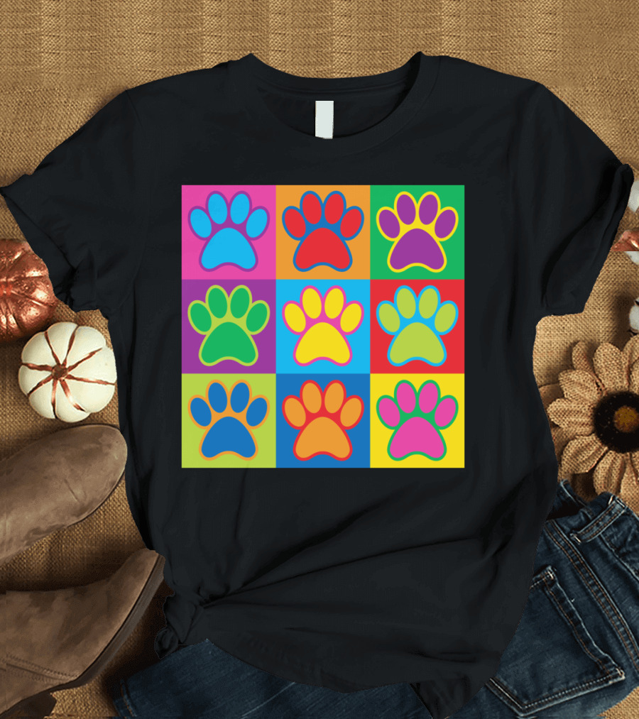 Pop Art Paws Colorful Grid Paw Prints T-Shirt