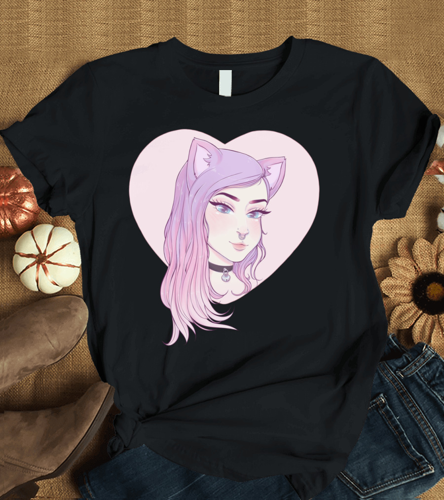 Kitten Love Sticker Stick Heart Pink Hair Cat Ears Choker T-Shirt