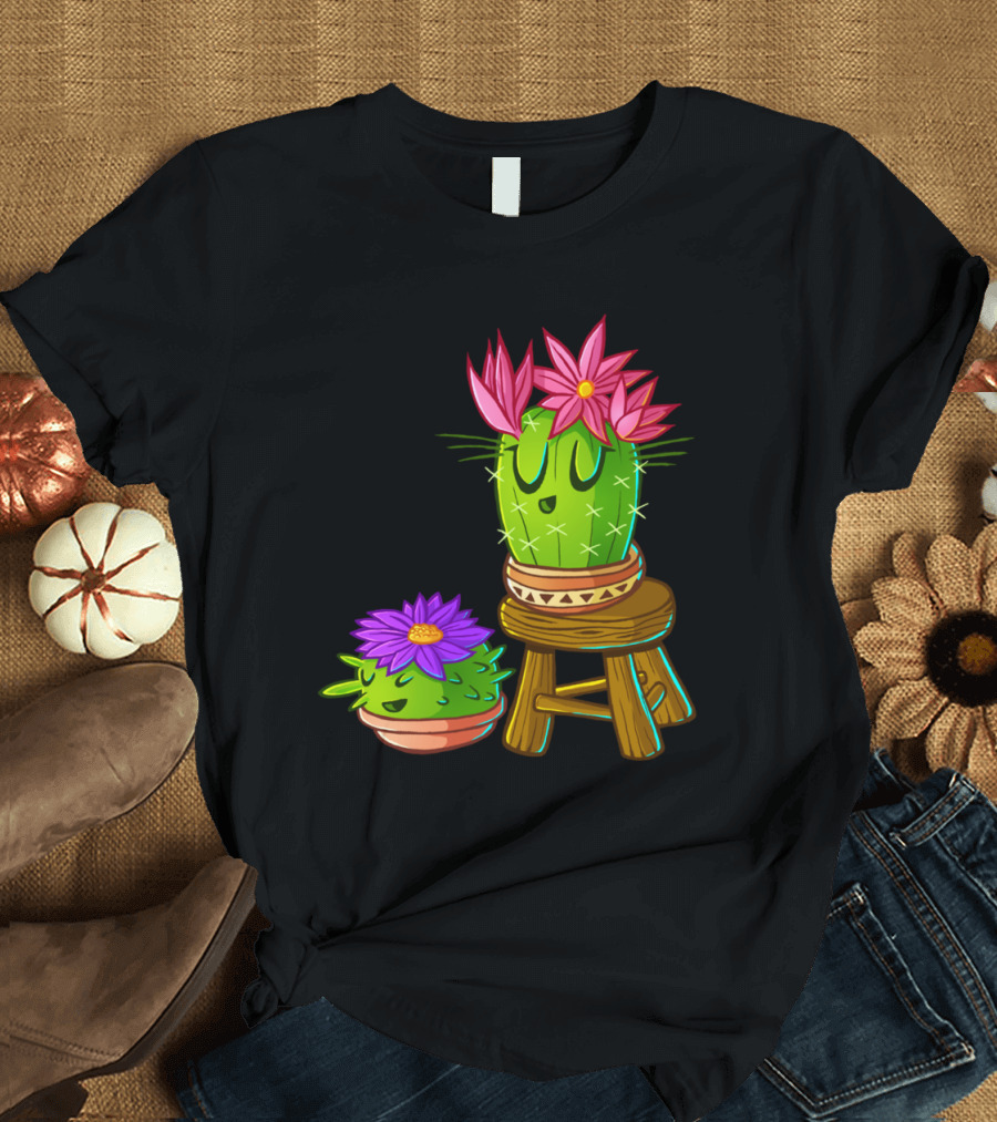Cute Cactus with Flowers on Wooden Stool T-Shirt