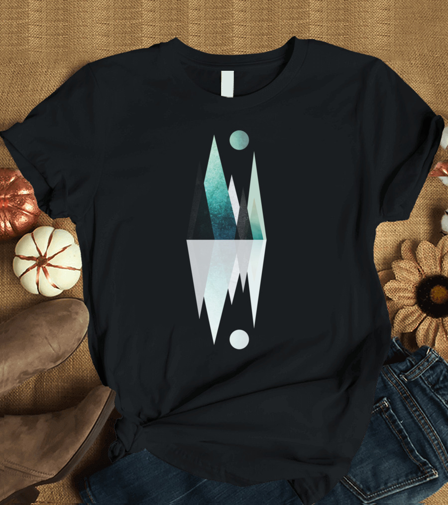 Mountain Range Reflection Geometric Landscape with Moon and Peaks T-Shirt