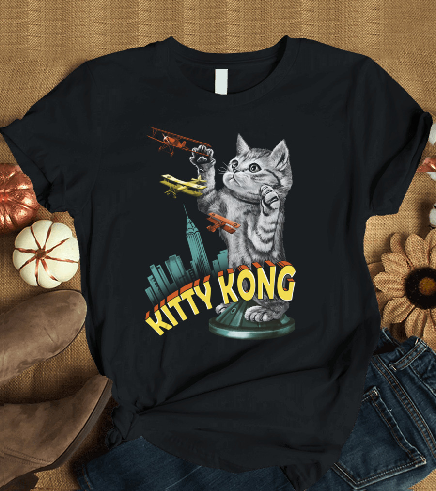 Kitty Kong Cat Battling Airplanes in Cityscape T-Shirt