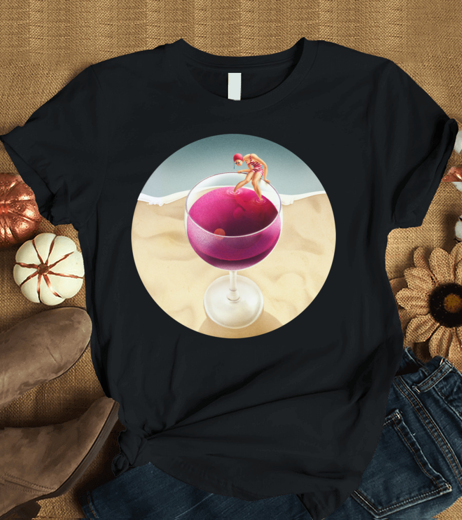 Red Reflection Swimmer in Wine Glass on Beach T-Shirt