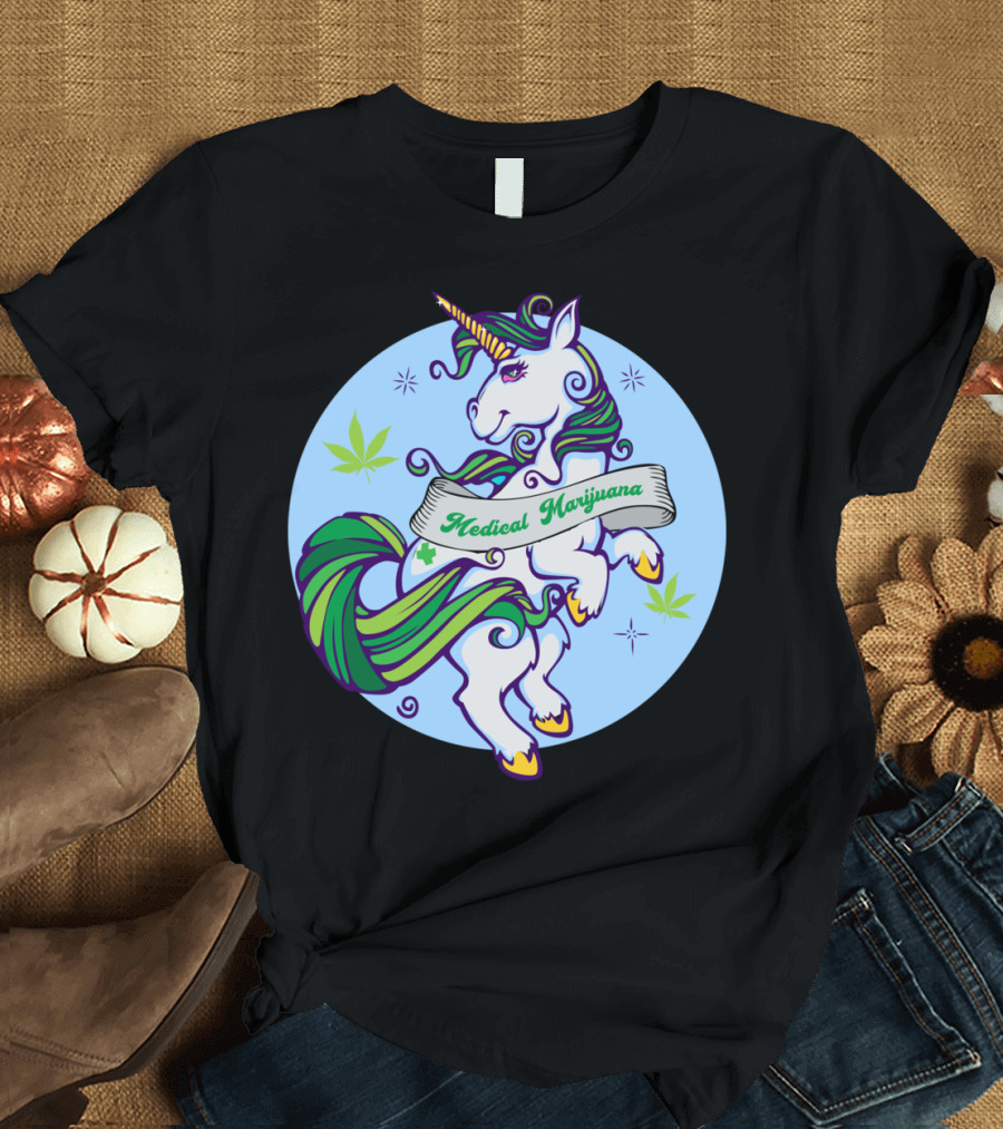 Medical Marijuana Unicorn with Green Mane and Cannabis Leaves T-Shirt