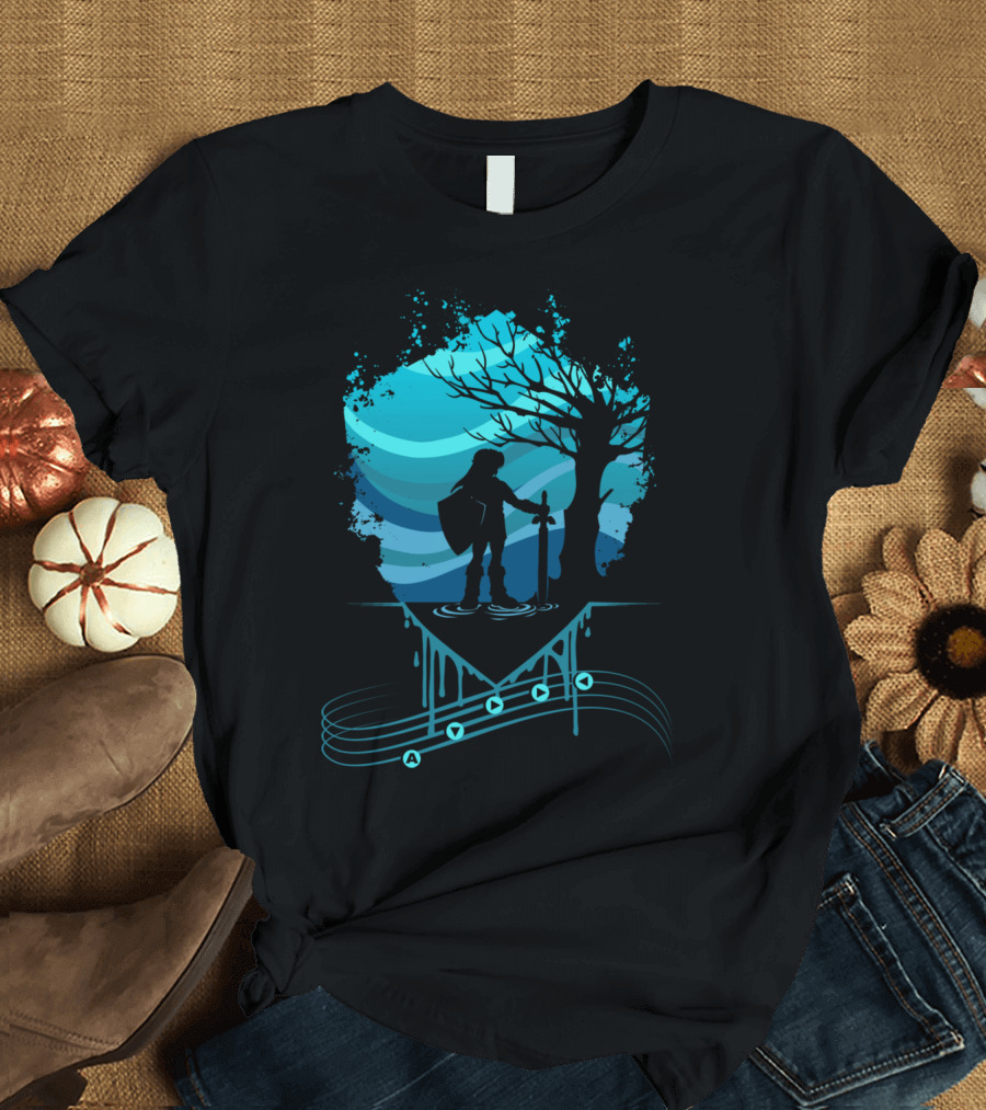 Serenade Of Water Link Silhouette Under Tree With Dripping Notes T-Shirt