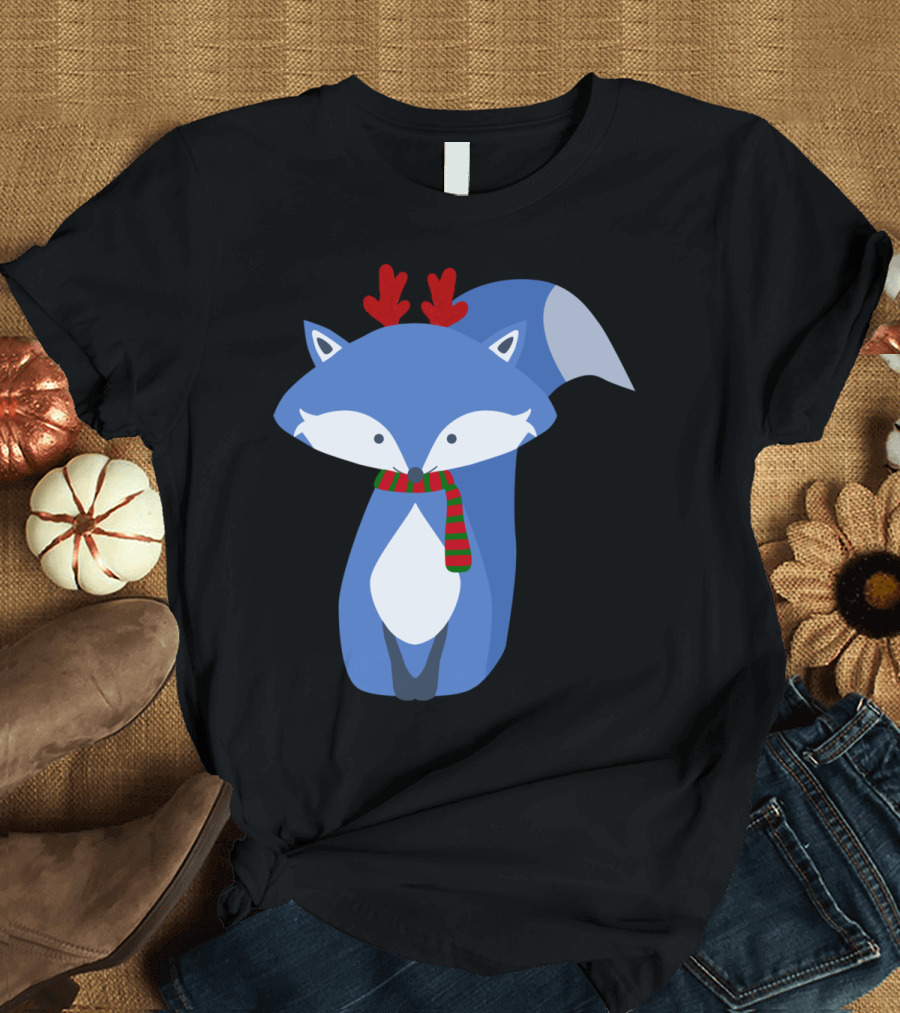 Cute Fox Antlers Red Green Scarf Winter Holiday T-Shirt