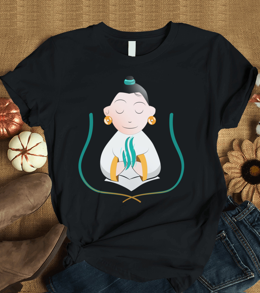 Meditating Zen Monk in Peaceful Pose with Asian Calligraphy Influence T-Shirt