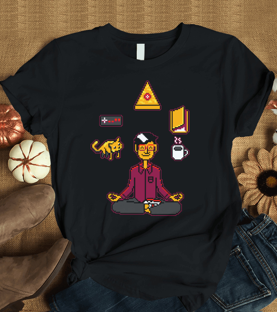 Meditation Games Coffee Books Pizza Cat Retro Pixel T-Shirt