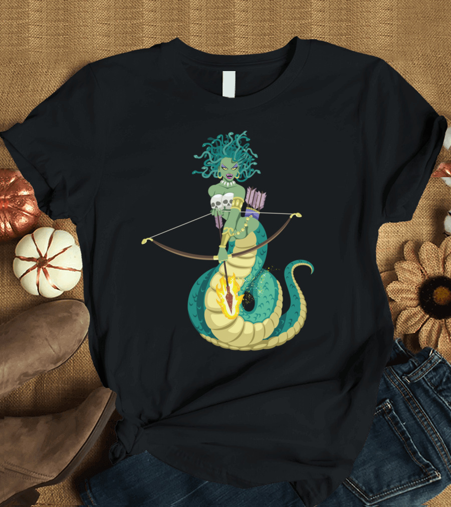 Medusa Mythical Archer with Serpent Tail and Flaming Arrow T-Shirt