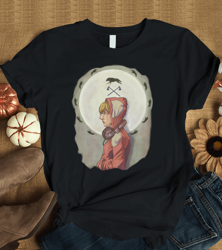 Red Hooded Figure with Headphones and Crows Circle T-Shirt