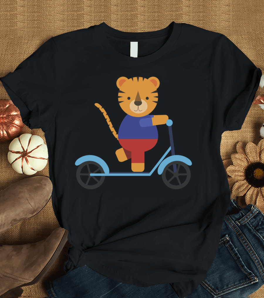Tiger Rides Blue Scooter in Cartoon T-Shirt