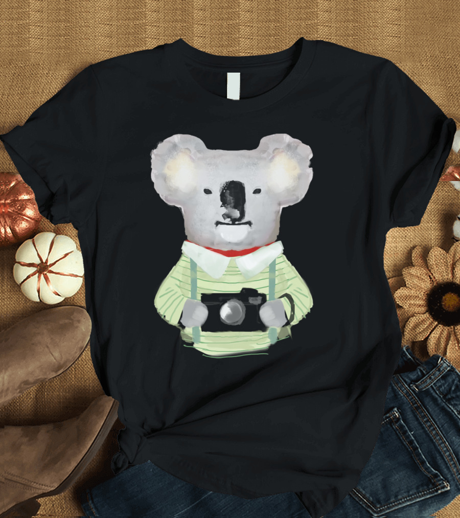 Watercolor Koala Bear in Striped Clothes with Camera T-Shirt
