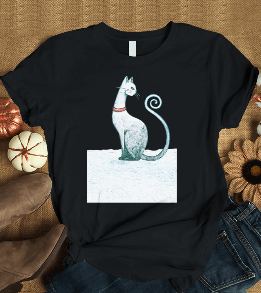WINTER CAT WITH SWIRL TAIL ON SNOW BACKGROUND T-Shirt