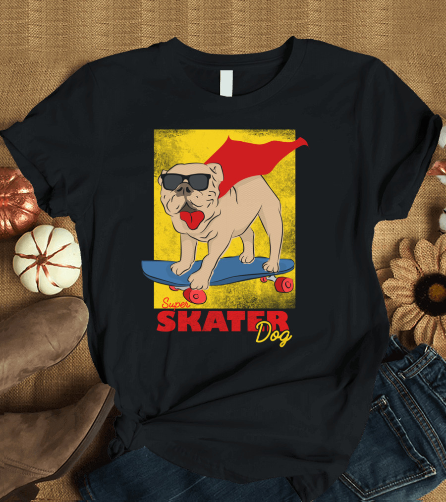 Super Skater Dog with Cape and Sunglasses Skateboarding T-Shirt