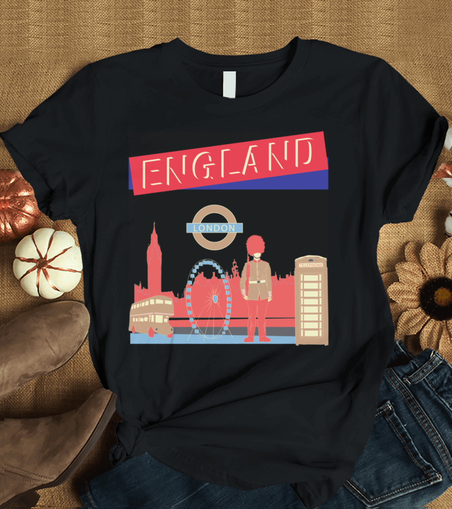 ENGLAND LONDON Big Ben Ferris Wheel Guard Bus Telephone Box Circle T-Shirt