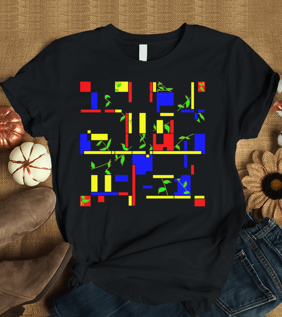 Red Yellow Blue and Ivy Mondrian Style Abstract with Green Leaves T-Shirt