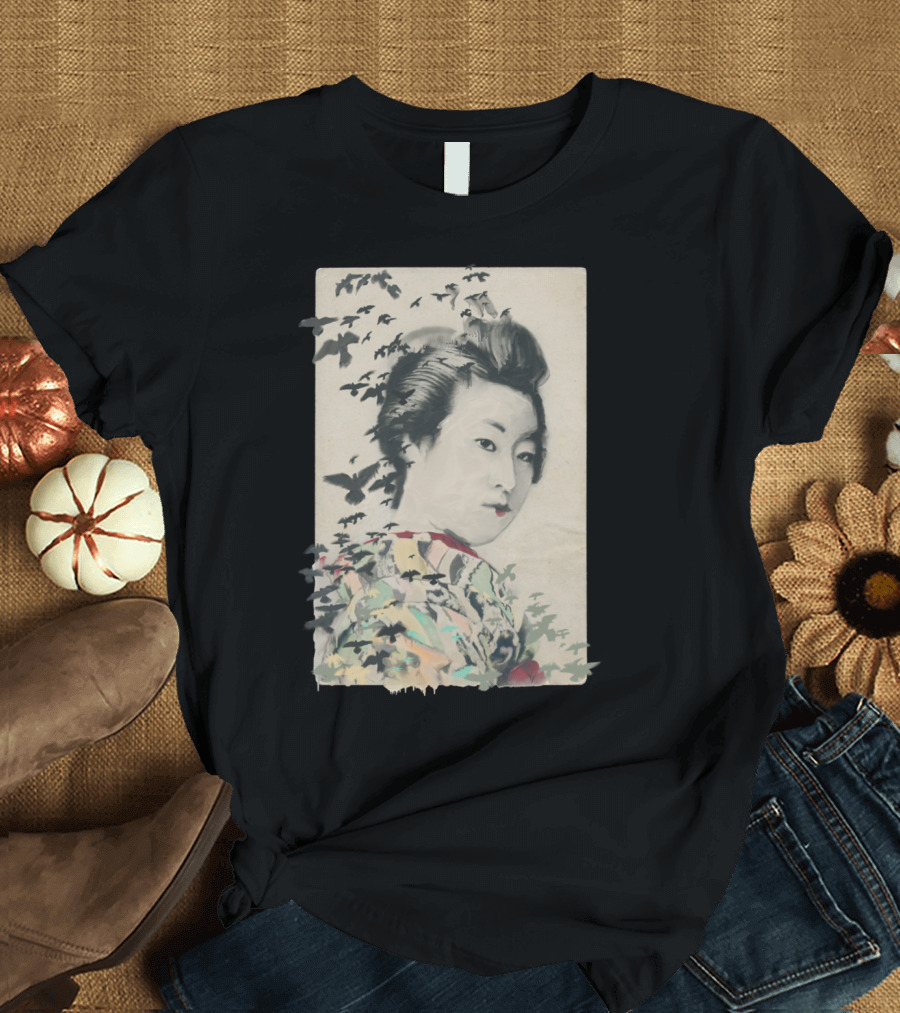 She Birdy Geisha with Flock of Birds T-Shirt