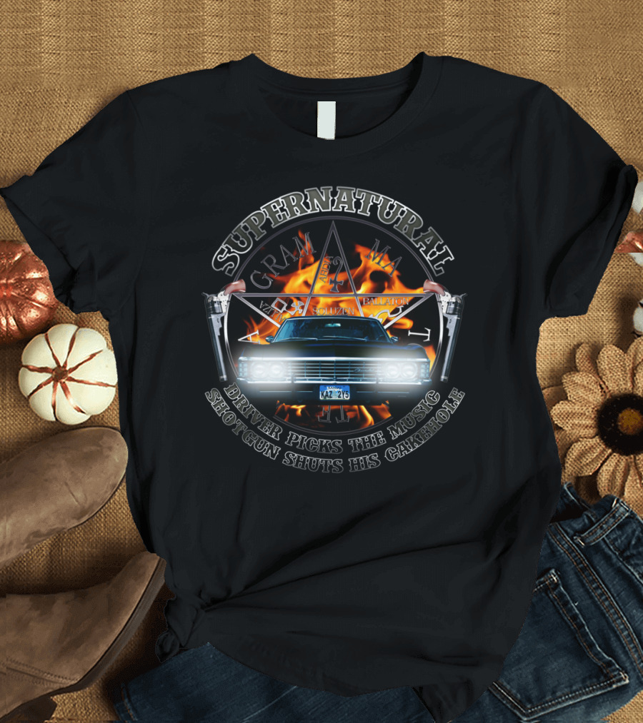 Supernatural Driver Picks The Music Shotgun Shuts His Cakehole Car Flamespentagram T-Shirt