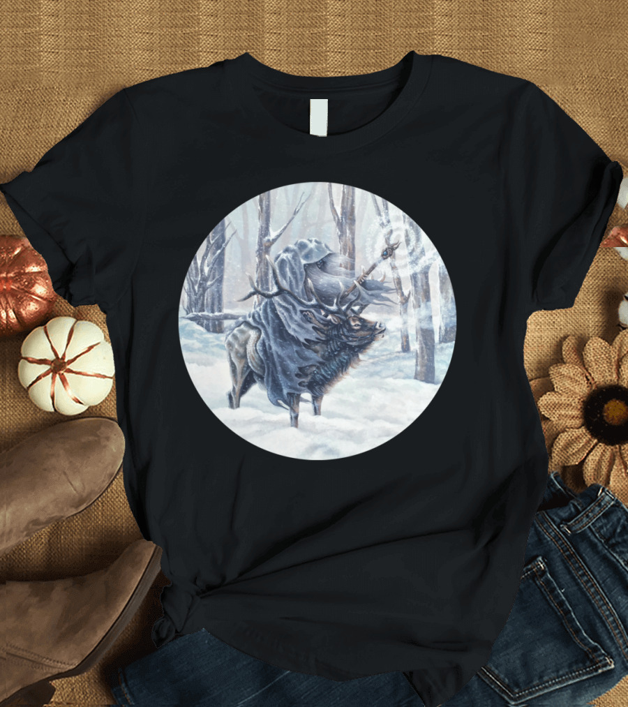 Winter Wizard Riding Enchanted Stag in Snowy Forest T-Shirt