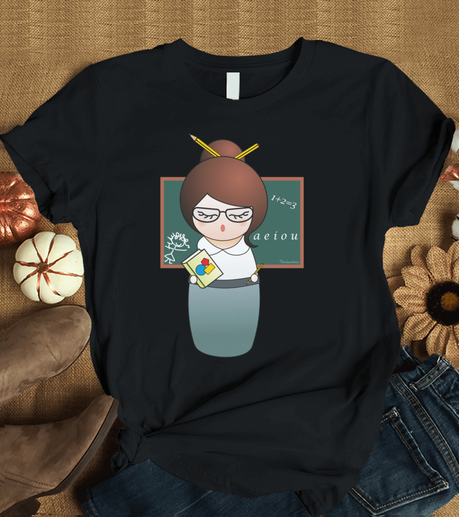 Kokeshi Teacher Chalkboard Math AEIOU Sketch T-Shirt