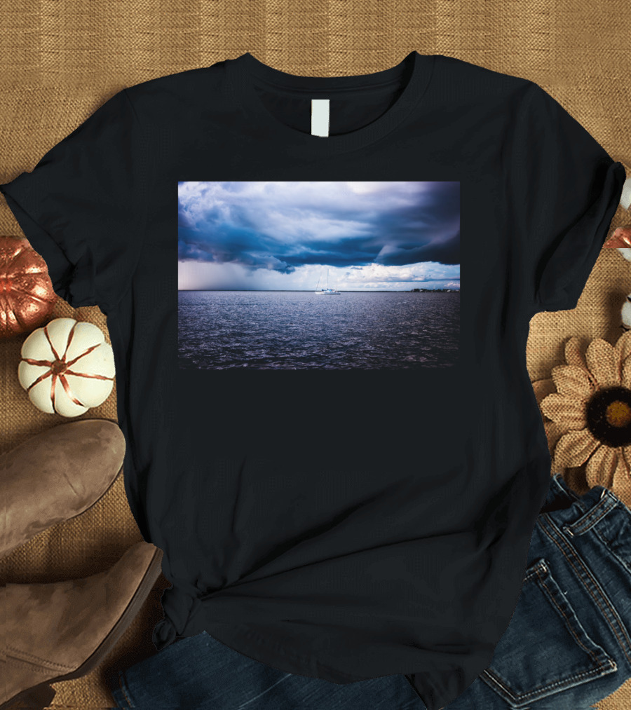 Lonely One Sailboat Under Stormy Sky on Ocean T-Shirt