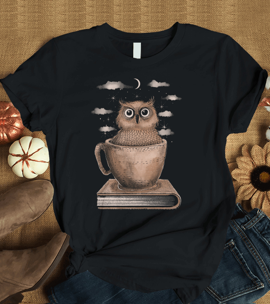 Owl Night Reader in Teacup with Moonlit Sky and Stars T-Shirt