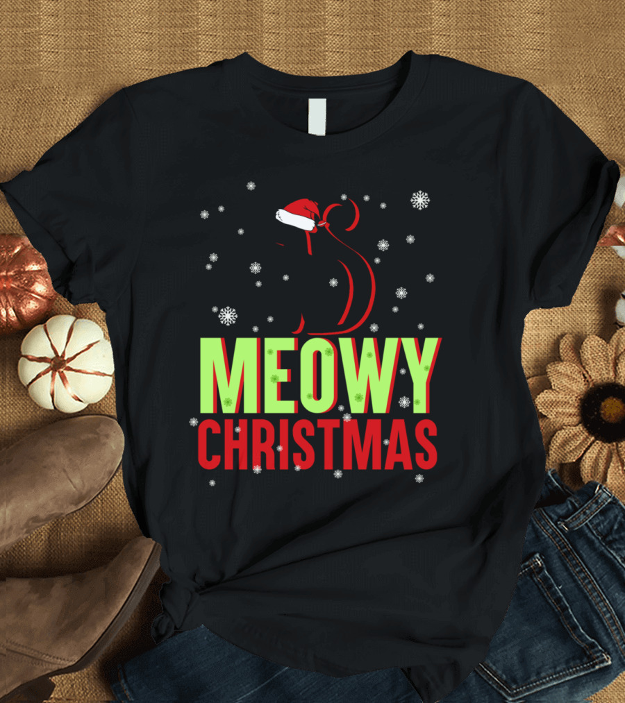 MEOWY CHRISTMAS Santa Cat Snowflakes T-Shirt