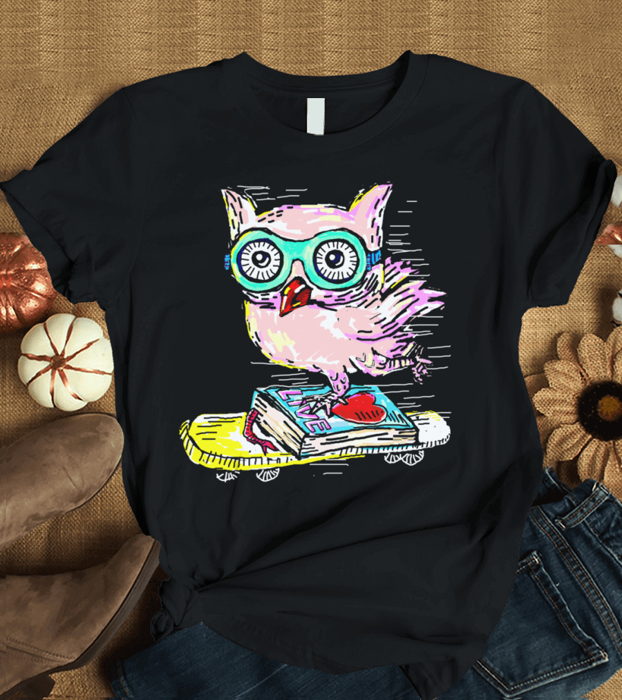 Owl with Glasses Riding Skateboard on Live Book with Heart T-Shirt