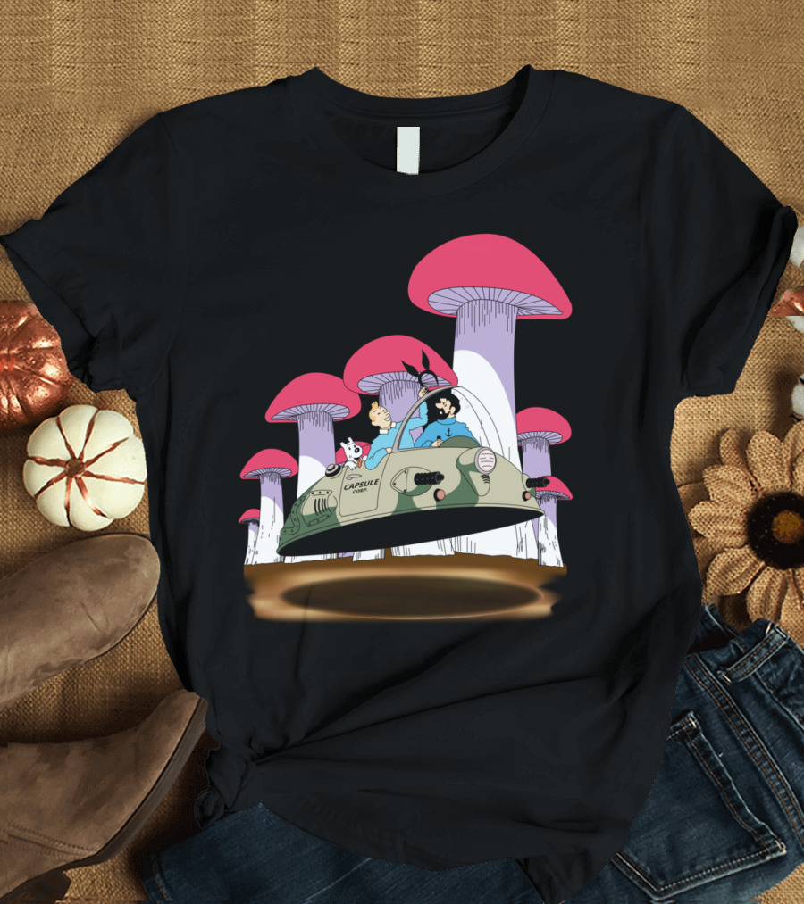 Tintin and Milou Travel in Capsule Corp to Visit Giant Mushrooms T-Shirt