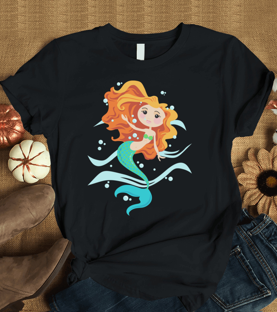 Mermaid Swimming with Flowing Red Hair and Bubbles T-Shirt