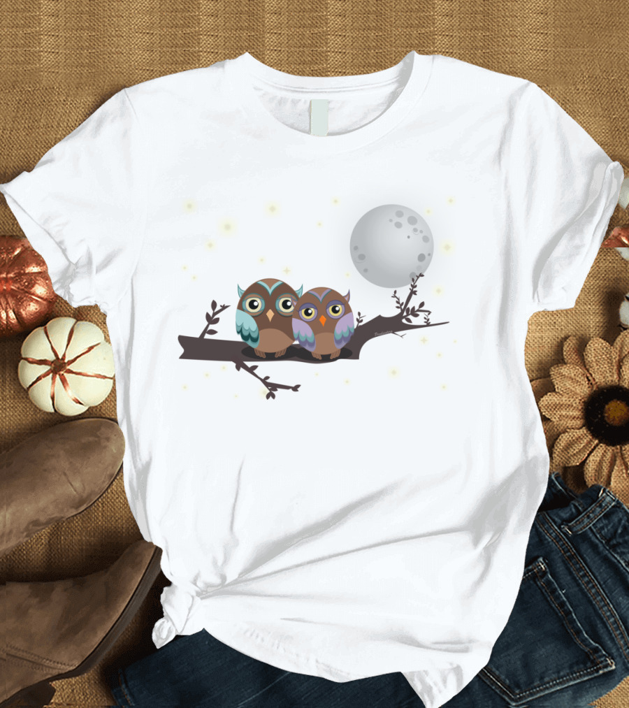 Owls In Love Kawaii Moonlit Night T-Shirt