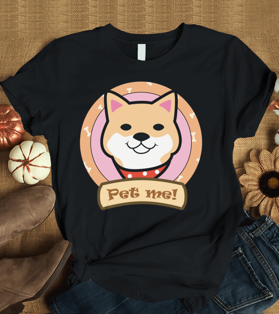 Shiba Inu Pet Me with Cute Red Collar and Bone Pattern Background T-Shirt