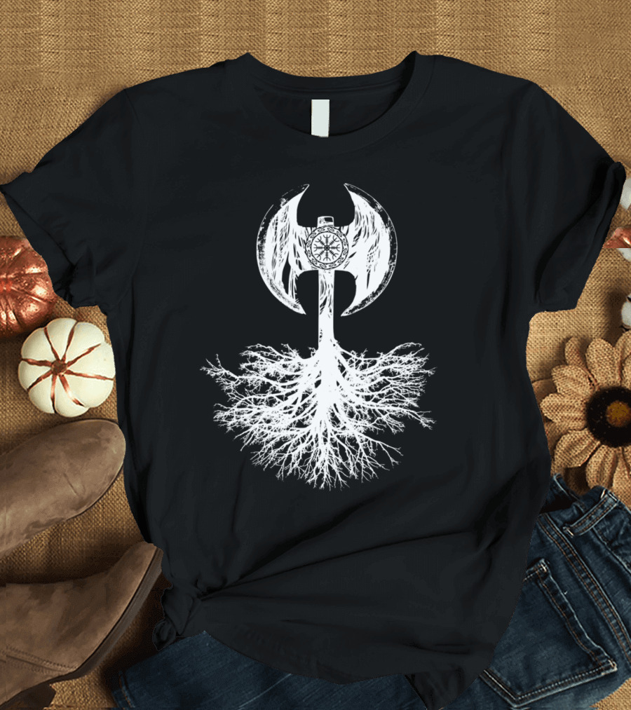 Shield Breaker Frost And Shadow Nordic Axe with Tree Roots T-Shirt