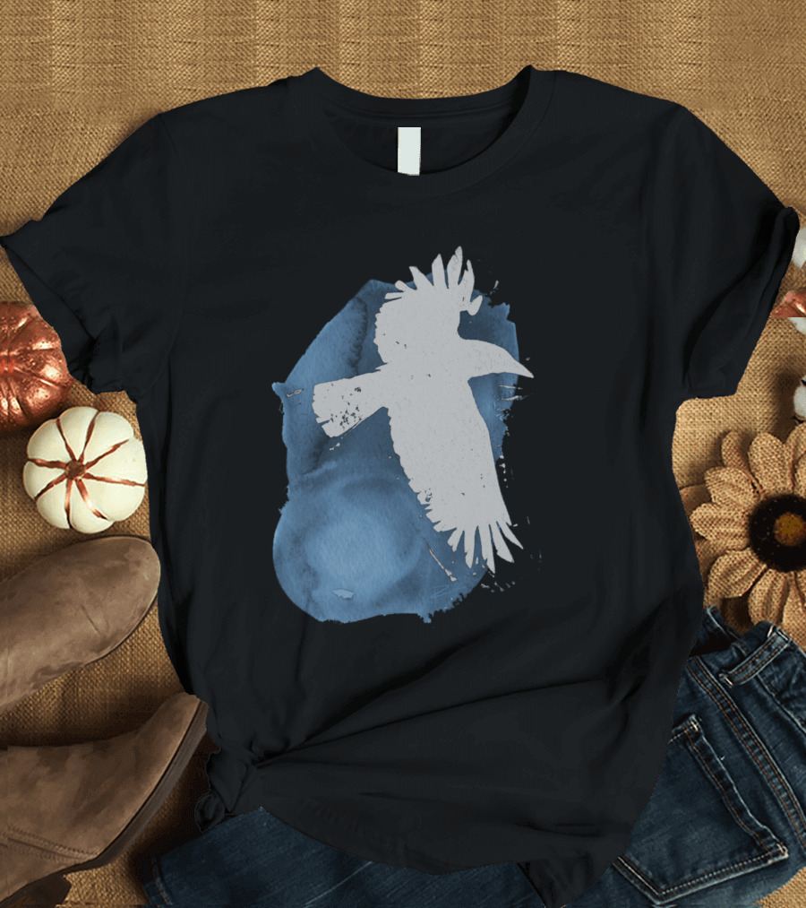 Night Sky Raven Silhouette on Blue Watercolor Background T-Shirt