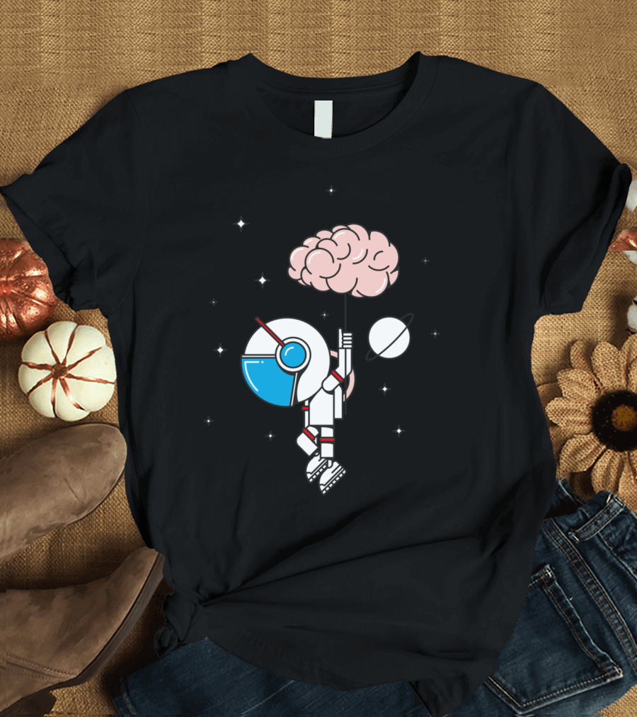 Imagination Is Power Astronaut Holding Brain Balloon in Space with Stars and Planets T-Shirt
