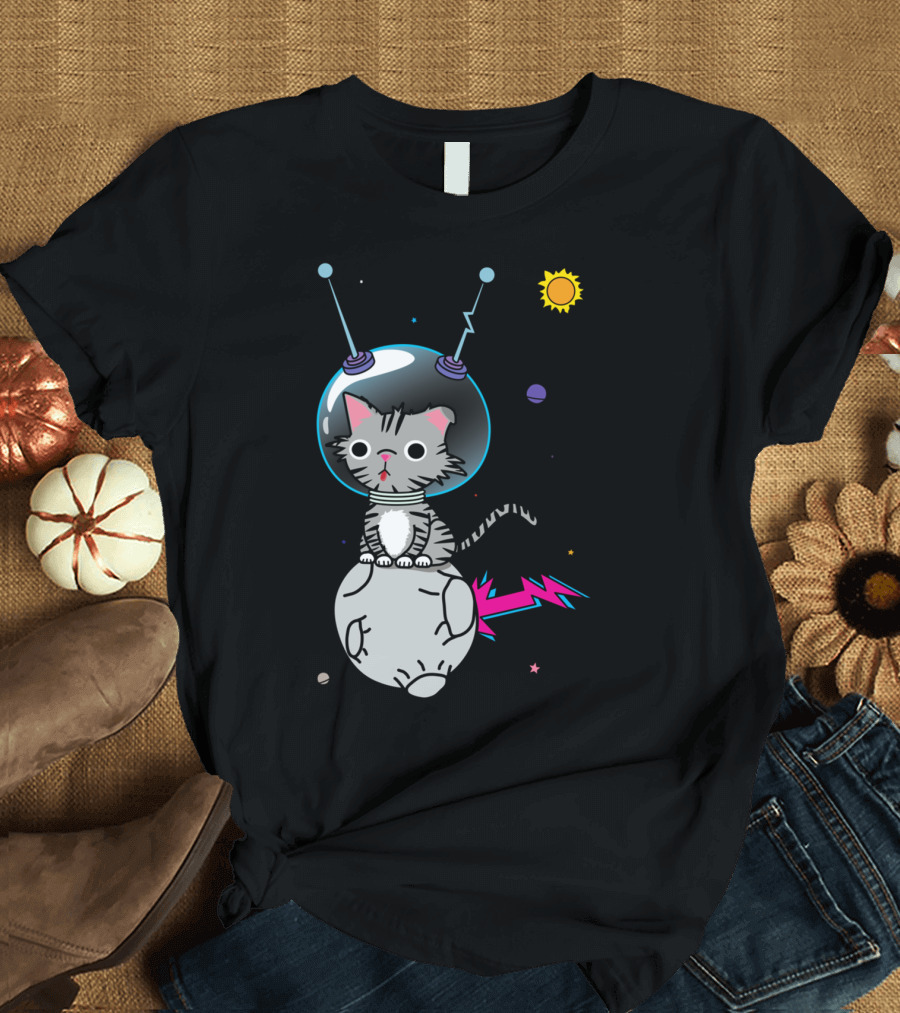 Mr. Space Cat Cosmic Adventure with Planet and Lightning Tail T-Shirt