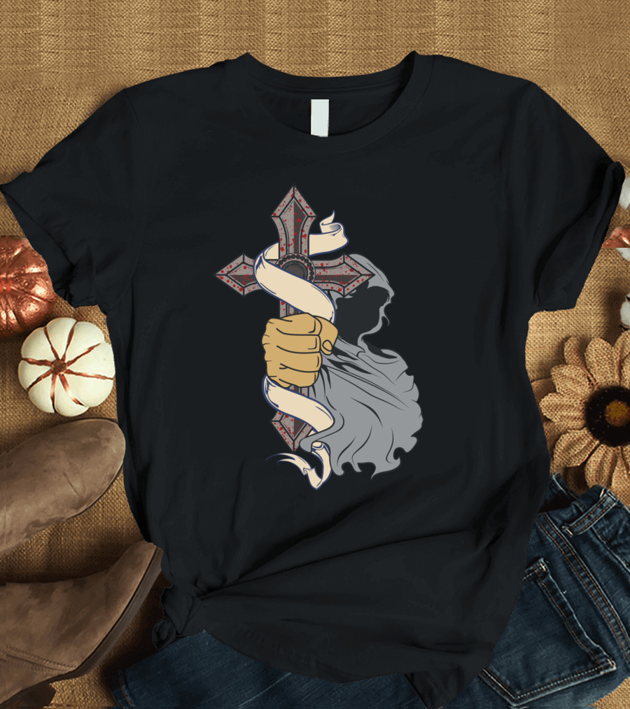 Hand Holding Gothic Cross with Hooded Cloak and Scroll T-Shirt