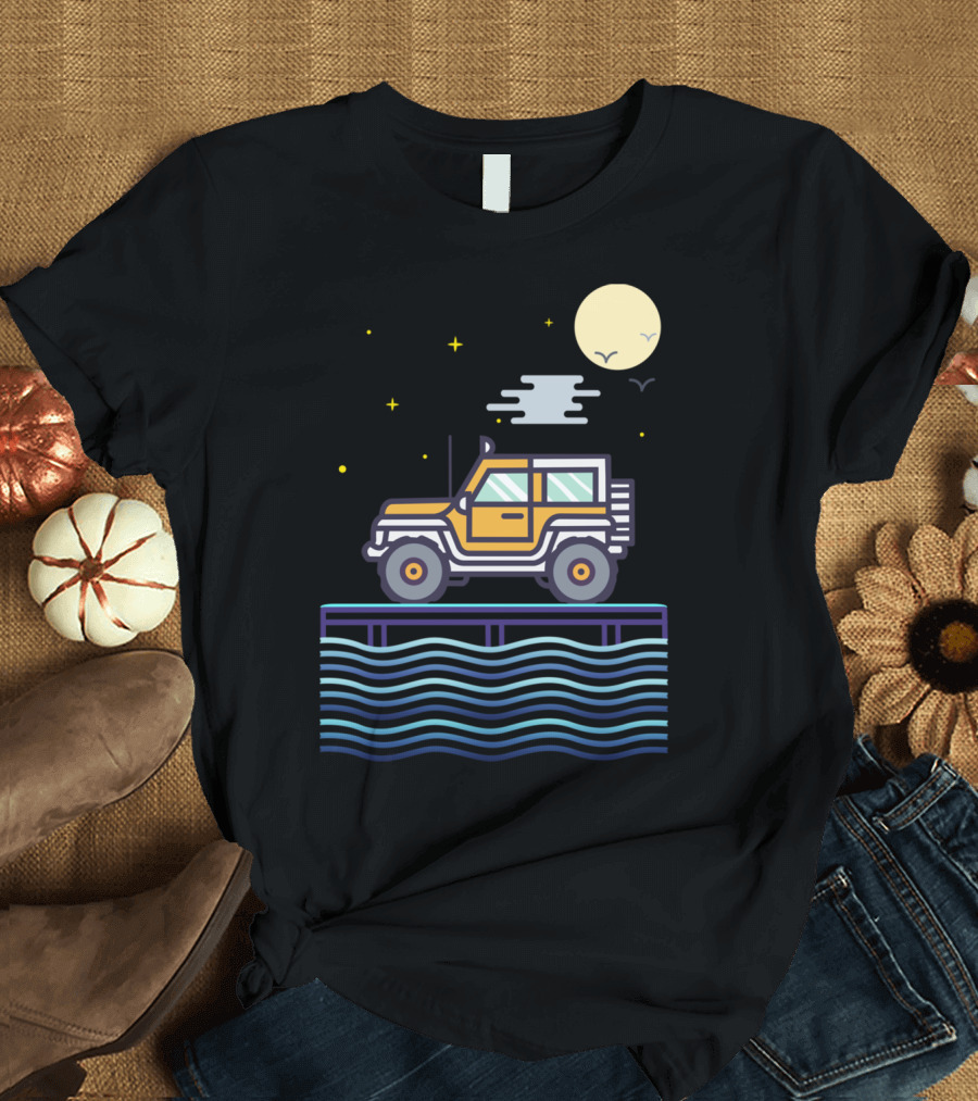 Night Traveller By The Moon Light Jeep On Pier Under Stars And Moon T-Shirt