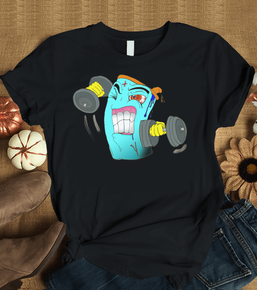 Sweat With Sippy Cartoon Gym Workout Mug Lifting Dumbbells T-Shirt