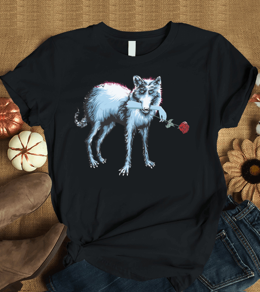 Wolf Ghost Holding Rose In Mouth T-Shirt
