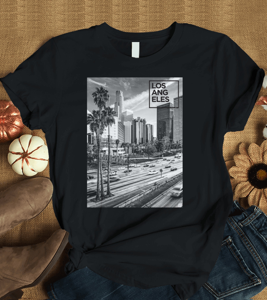 Los Angeles Cityscape Downtown Skyline with Palm Trees and Freeway T-Shirt