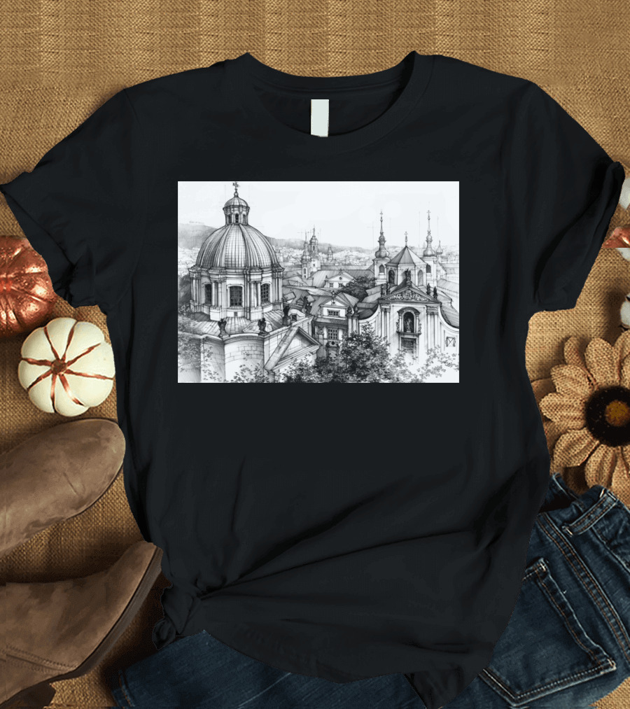 Prague Rooftop Sketch with Historic Architecture View T-Shirt