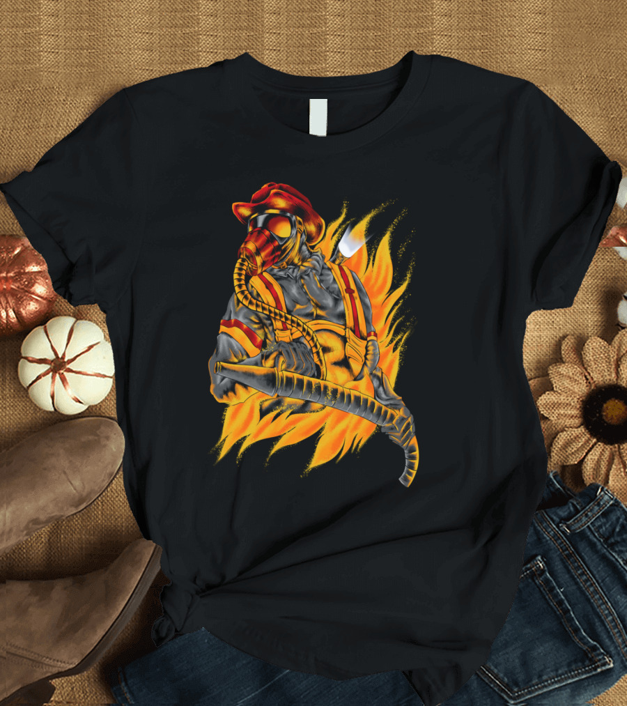 Firefighter with Hose and Flames Masked in Fire Gear T-Shirt