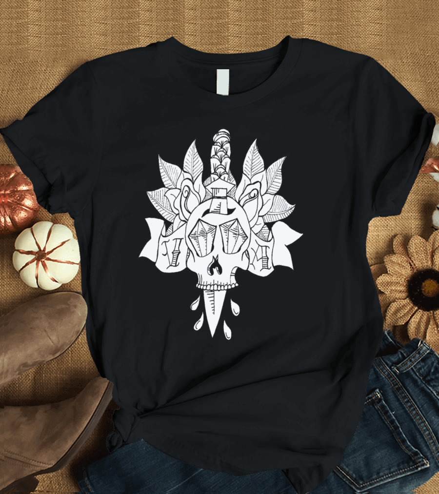 Sword and Skull with Roman Numerals and Rose Leaves T-Shirt