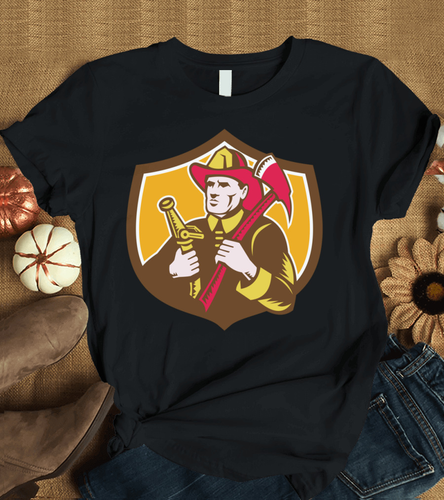 Fireman Firefighter Axe Hose Crest Woodc Badge T-Shirt