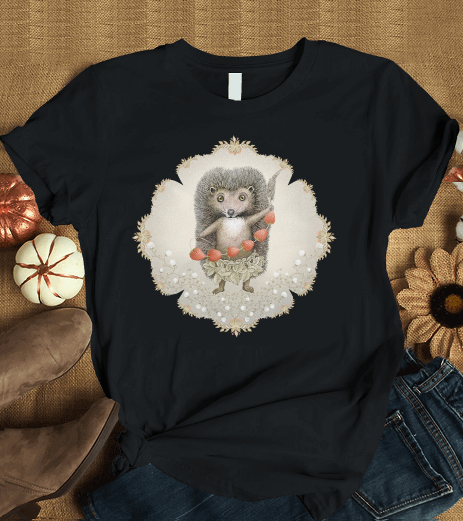 Presents From Forest Hedgehog with Berry Garland and Floral Frame T-Shirt