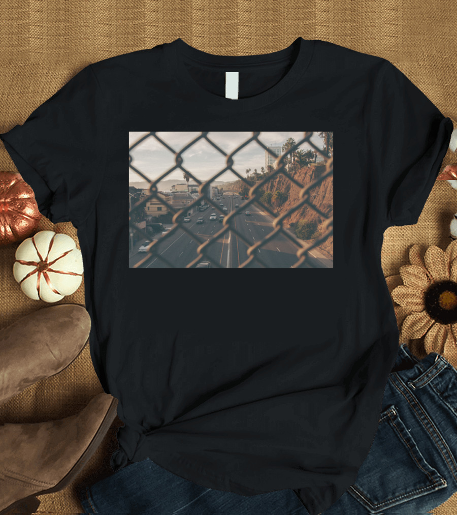 LA Urban Highway Through Chain Link Fence Panorama T-Shirt